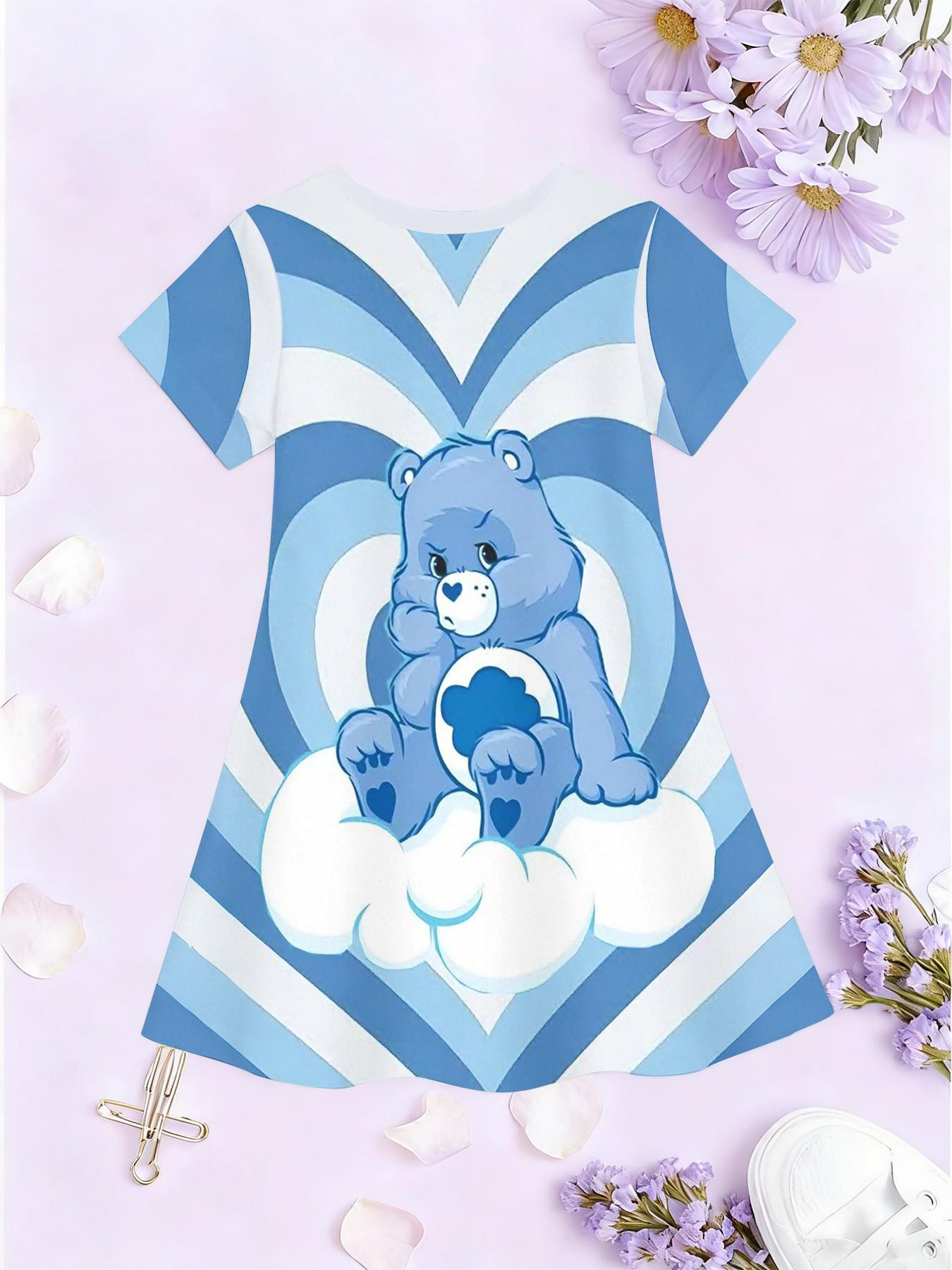 Girls' Heart Bear Night Owl A-Line Dress, Cartoon Healing Short Sleeve Dress, Fashion Outdoor Wear, Birthday Gift, Holiday Gift