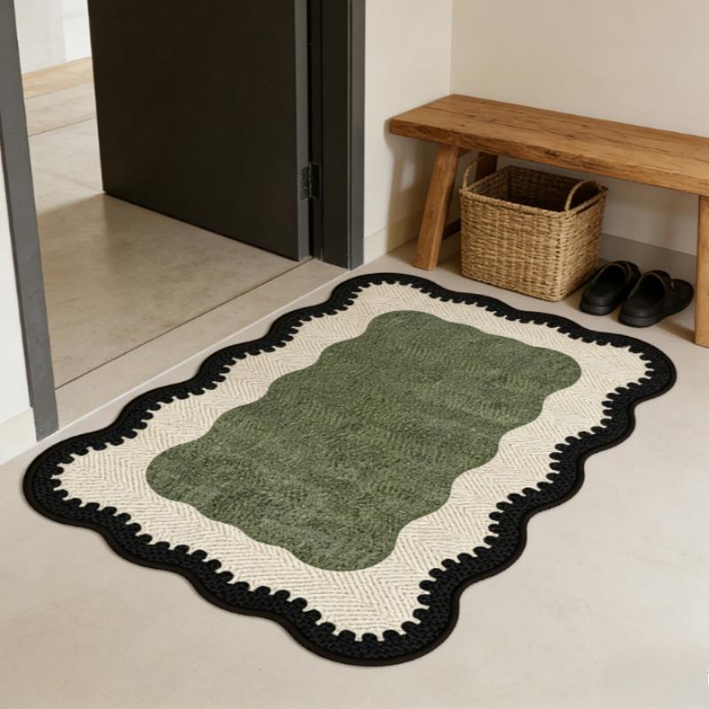 Retro wavy edge green bathroom door non-slip floor mat French entry entrance carpet household washable kitchen carpet home decoration bedroom bedside carpet mid-century style living room sofa area carpet light luxury high-end cloakroom dresser carpet