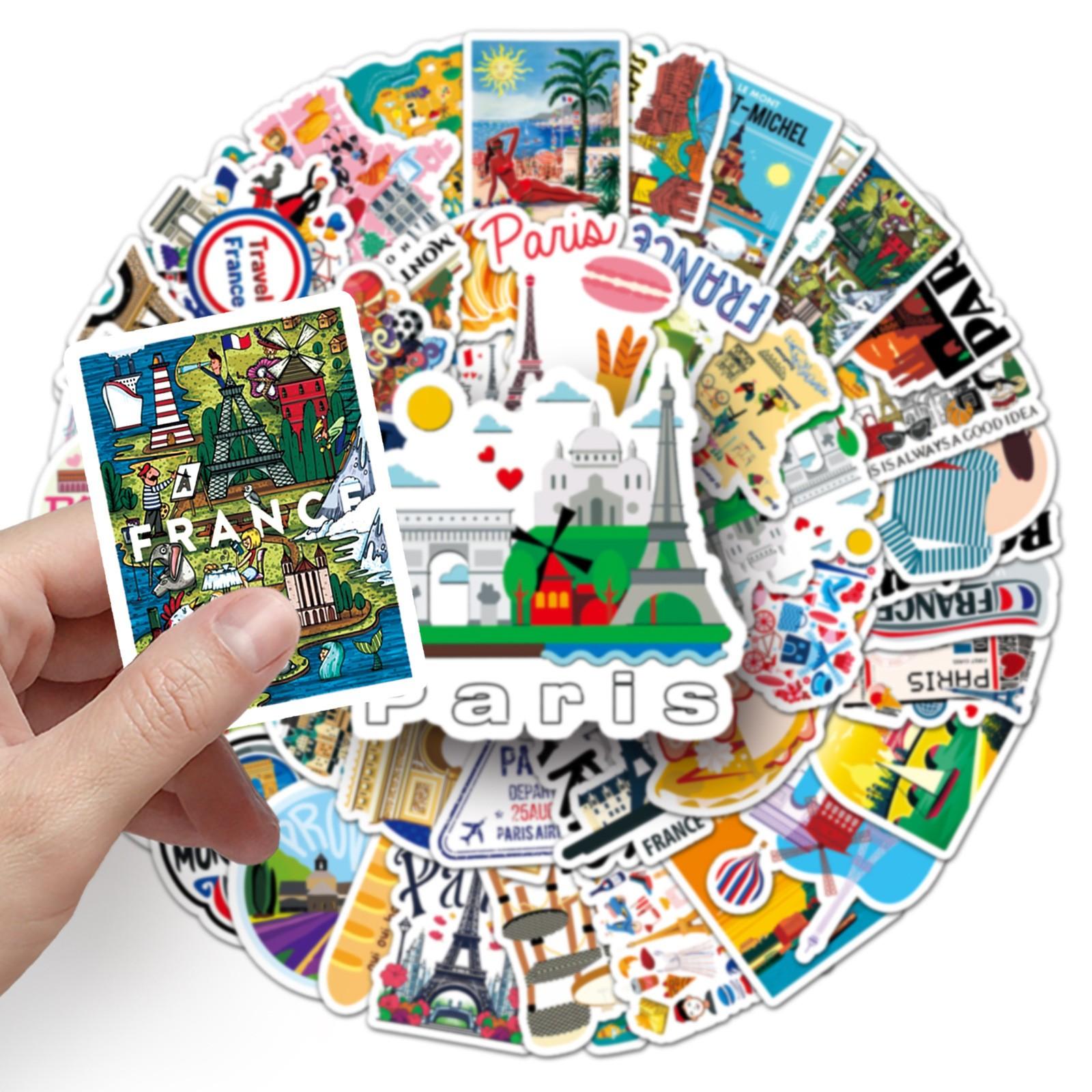50pcs France Travel Stickers, Paris Landmark Waterproof Vinyl Decals, French City Travel Stickers for Laptop, Water Bottle, Luggage, Europe Travel Gift Pack