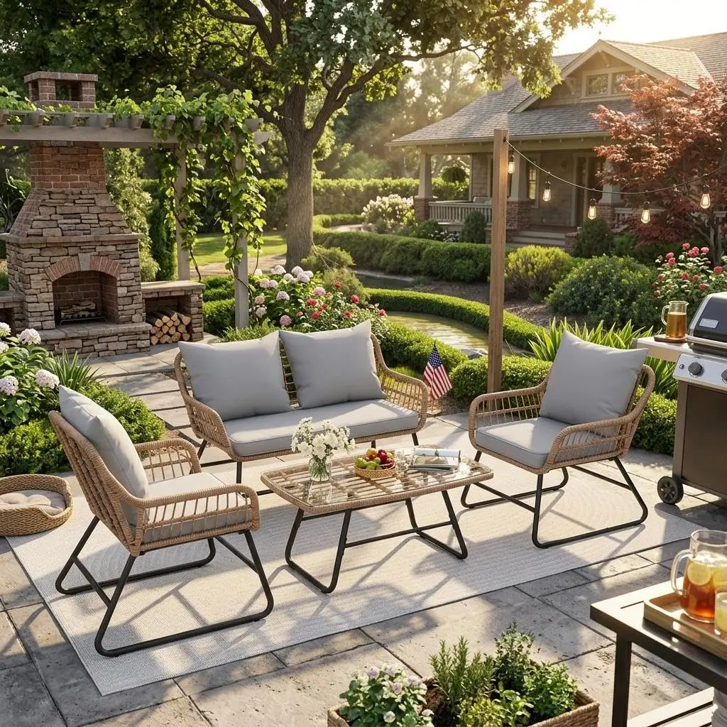 GARVEE 4-Piece Outdoor Wicker Bistro Set – Weatherproof PE Rattan Patio Furniture, Tempered Glass Table, Washable Gray Cushions, Modern Curved Leg Design, 2 Chairs, Armless Sofa & Ottoman for Garden,