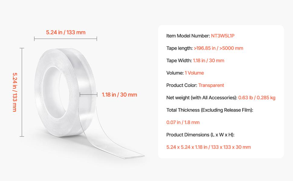VEVOR Double Sided Tape Heavy Duty, 16 ft Long Nano Mounting Tape, Strong Adhesive Reusable, Clear Two Sided Wall Tape, Removable Poster Picture Hanging Strips for Home, Office, Car, Outdoor Use