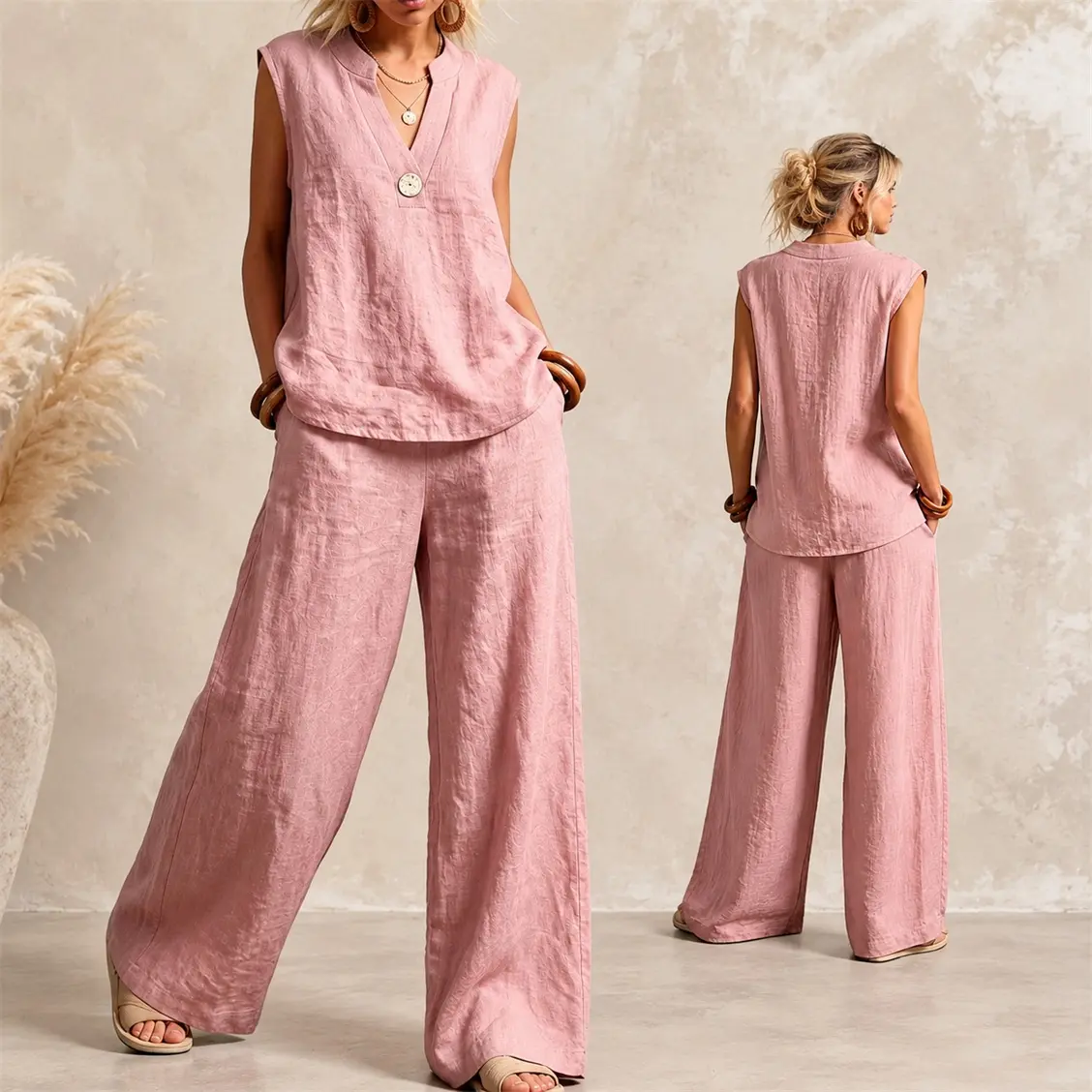 Women’s Casual V Neck Sleeveless 2 Piece Set, Solid Color Loose Top & Wide Leg Pants, Lightweight Breathable Summer Outfit, Relaxed Vacation Lounge Set