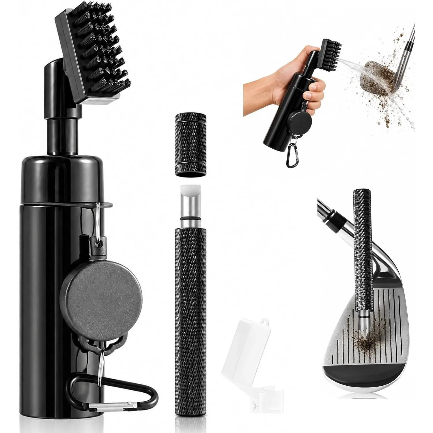 3-in-1 Golf Club Cleaner Water Brush with Groove Sharpener, 8" Retractable Spray Bottle Brush & Sharpener Tool for U & V-Grooves, Perfect Golf Accessories Gift