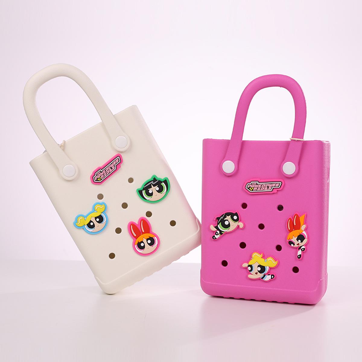 The Powerpuff Girls Collection Holes Small Handheld Bag - Cute Cartoon Collab Light & Stylish Dopamine Handbag for Ladies Durable Lunch Bags For Girls Suitable Size Pink White Beach bag