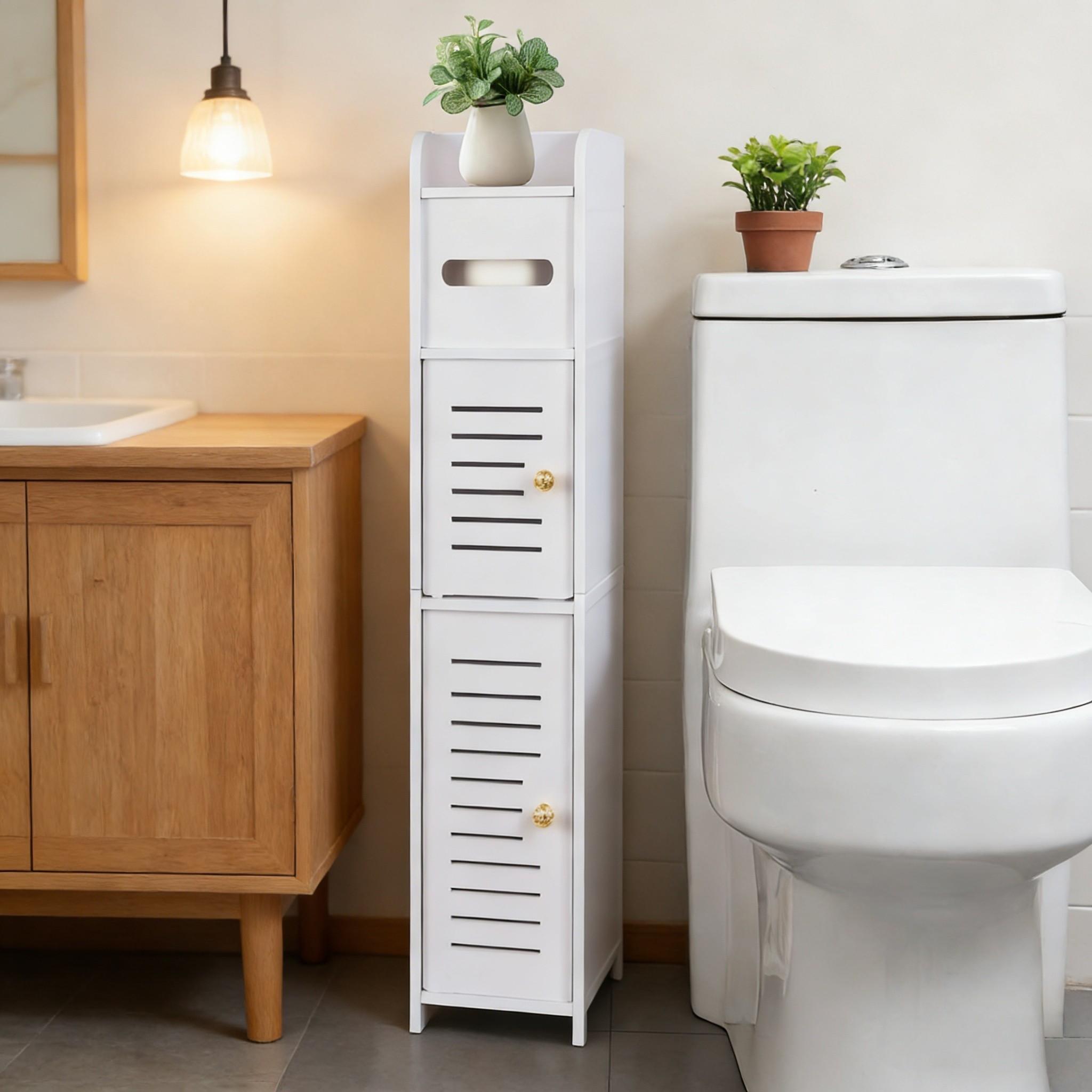 Narrow Bathroom Storage Cabinet with Door, Dust-Proof Top Flip Paper Holder, Minimalist Multi-Layer Design, Small Space Toilet Gap Shelf