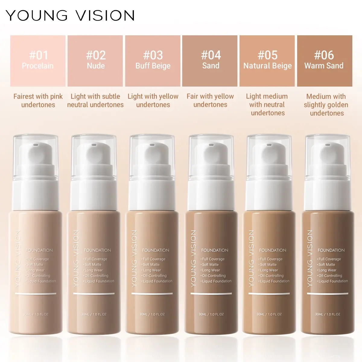 YOUNG VISION  Matte Foundation Liquid, Pump Design, Six Colors Available, Smooth Finish, Matte Makeup Finish, Long-Lasting Wear, Ideal for Daily Use