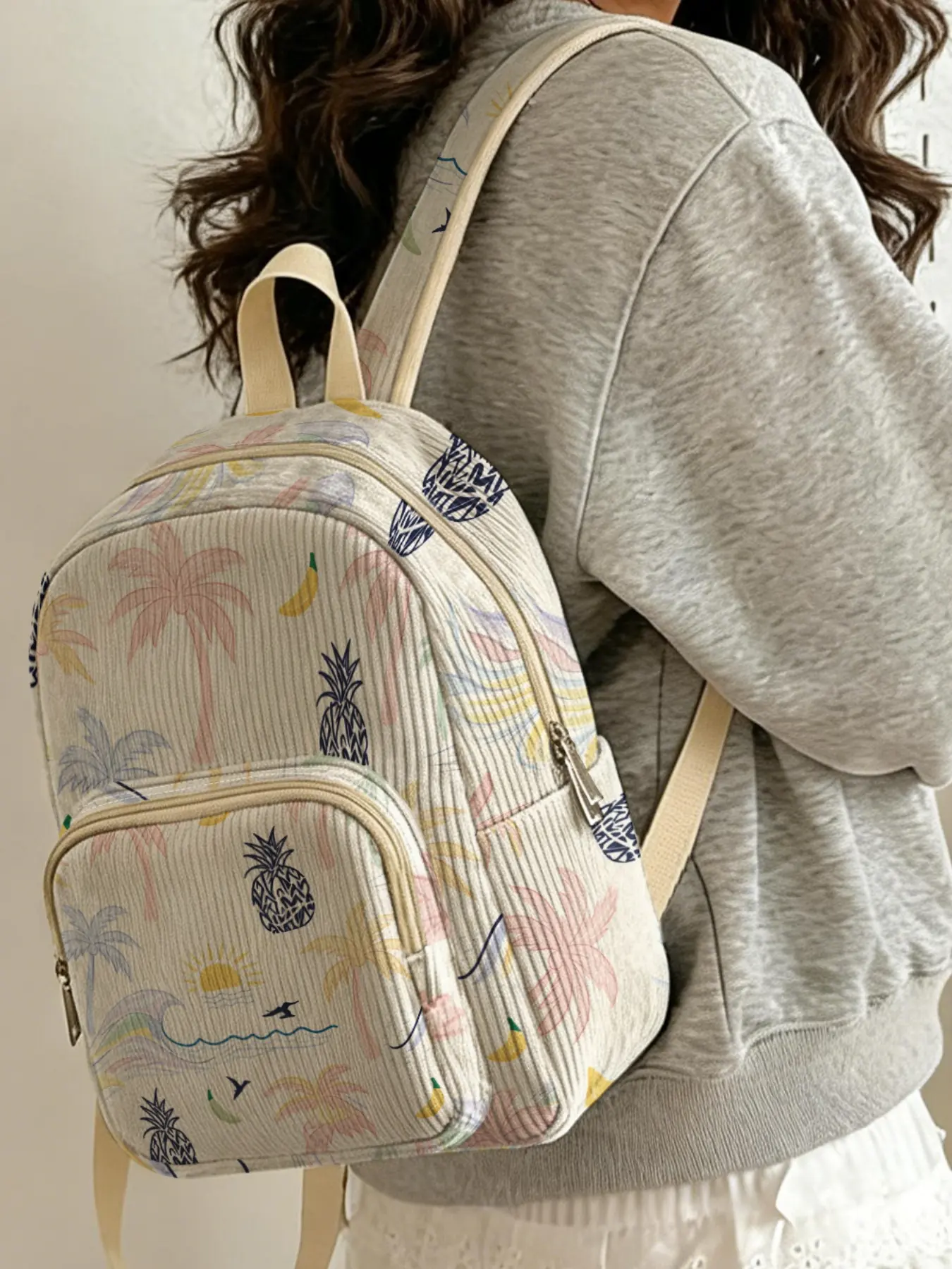 Macaron Color Summer Beach Coconut Tree Pineapple Sun Wave 2D Print, Corduroy textured, multi compartment storage, Casual Printed Backpack. Great for school and short trips, stylish and practical.
