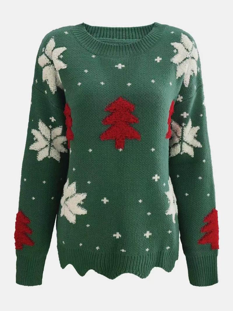 Women's Christmas Tree Print Scallop Trim Drop Shoulder Sweater Pullover, Casual Long Sleeve Round Neck Jumper for Fall & Winter, Ladies' Knitwear for Daily Wear