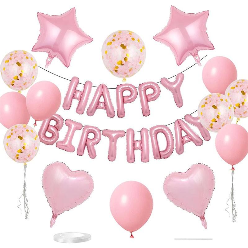 29 Pcs Pink Birthday Decorations, 3D Foil Pink Happy Birthday Balloon Banner, Pentagram Heart Foil Balloons Confetti Balloons Kit For Boys Girls Birthday Party Supplies