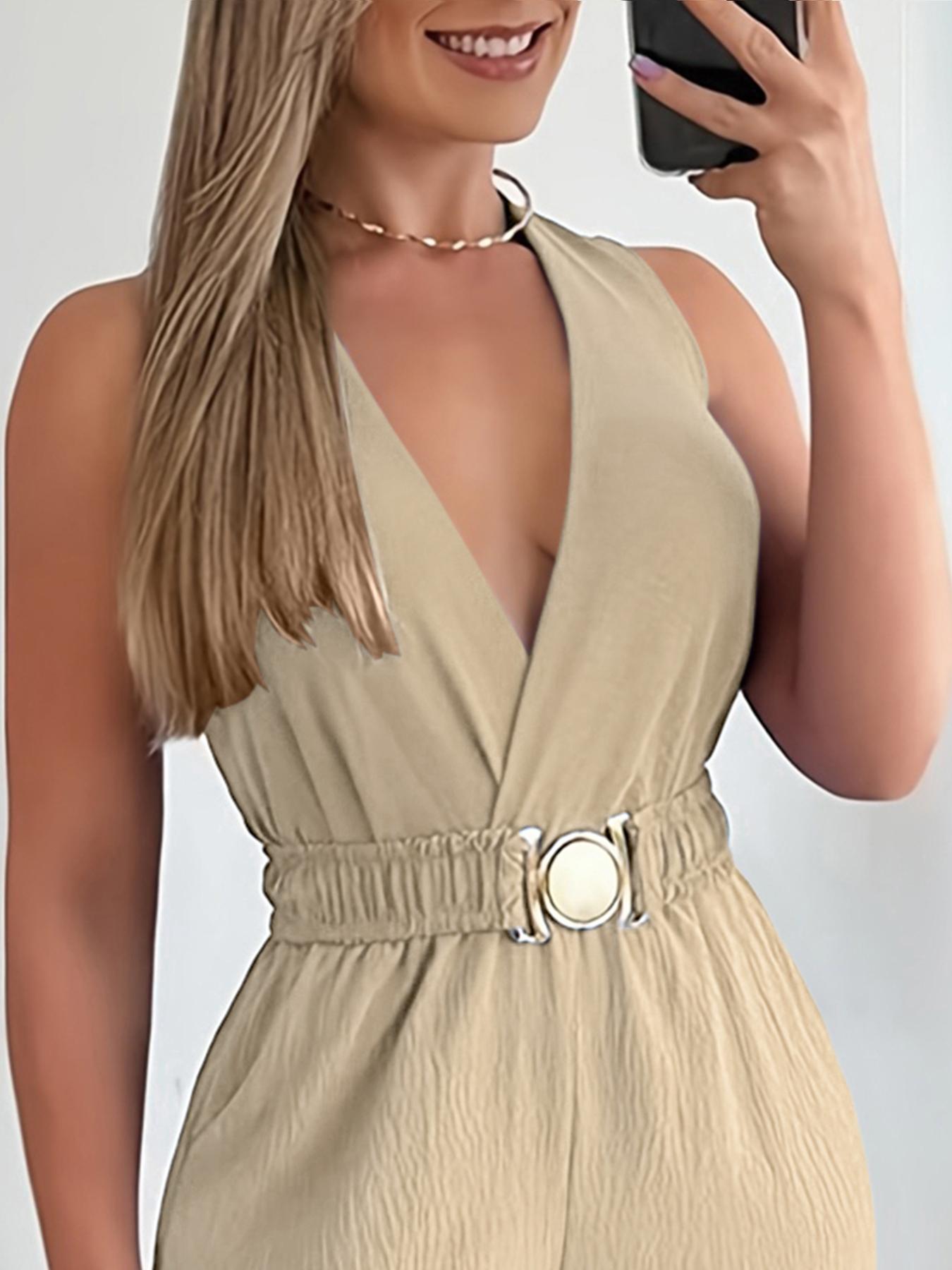 Women's Solid Belted Jumpsuit, Casual Sleeveless V Neck Jumpsuit for Summer, Women's Clothes for Daily Wear, Ruched Belted Jumpsuit