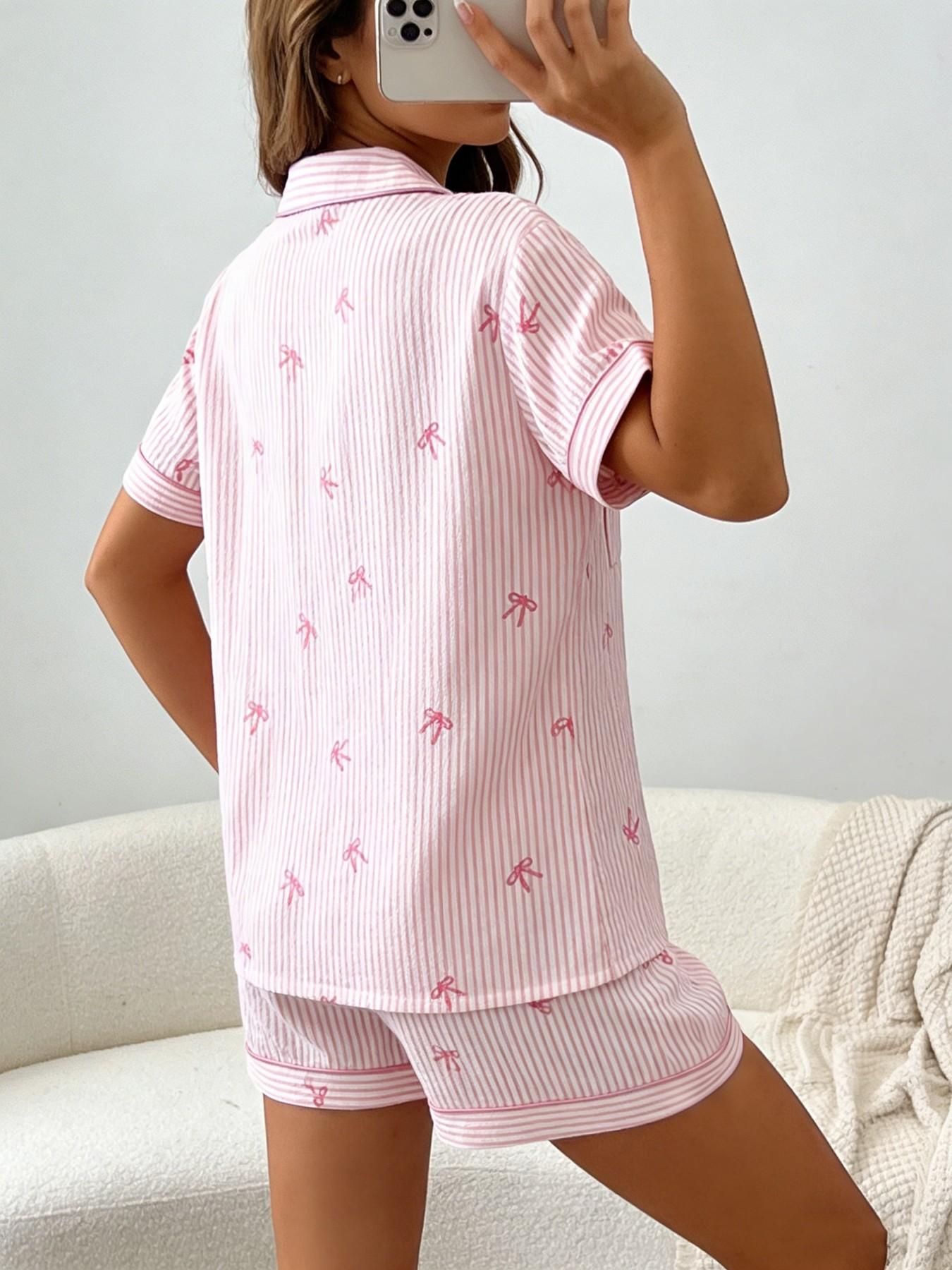 Women's Short Sleeve Button Down Top and Shorts Pajama Set, Spring Summer Wear, For American Coquette Sweet Girls, Pink White Stripe With Bow Print, Classic Lapel Collar With Contrast Pink Piping, Loose Fit, Comfortable For Home & Going Out