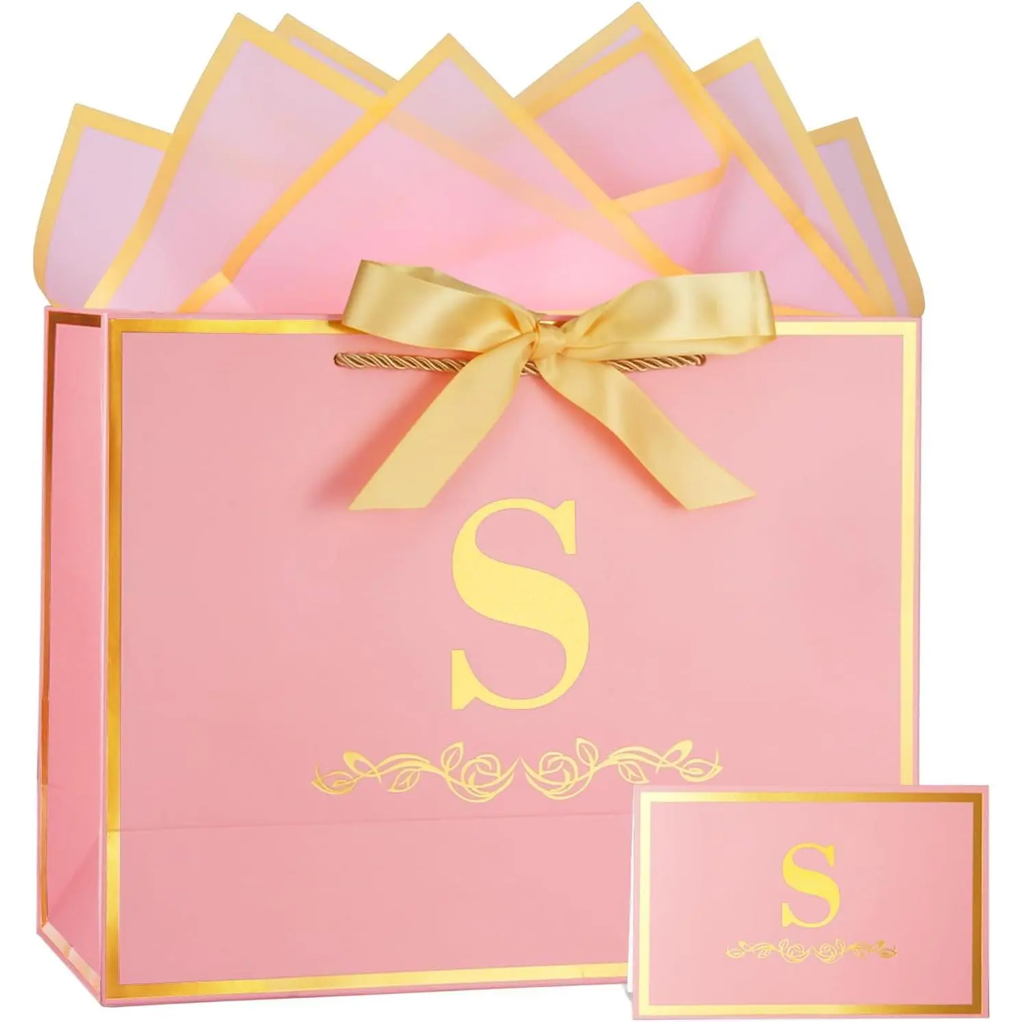 Initial Birthday  Bag with Card and Tissue Paper for Women/ Her, 13" Large   Personalized Alphabet Bow Bag, Birthday Decorations for Women, Bridal Party Paper Bags for Gifts Wrapping