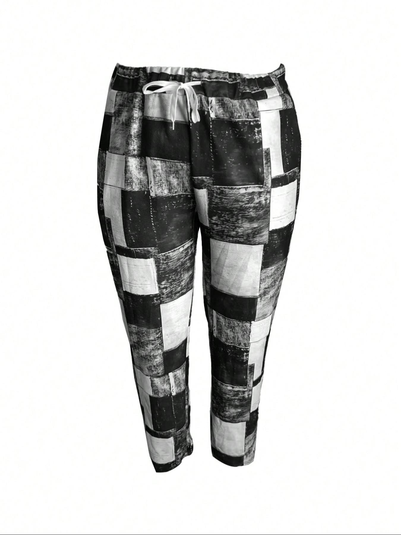 【Plus Size】 Colorblock Patchwork Print Drawstring Waist Pants, Casual Fashion Comfy Pocket Trousers for Daily Wear, Women's Bottoms for Summer