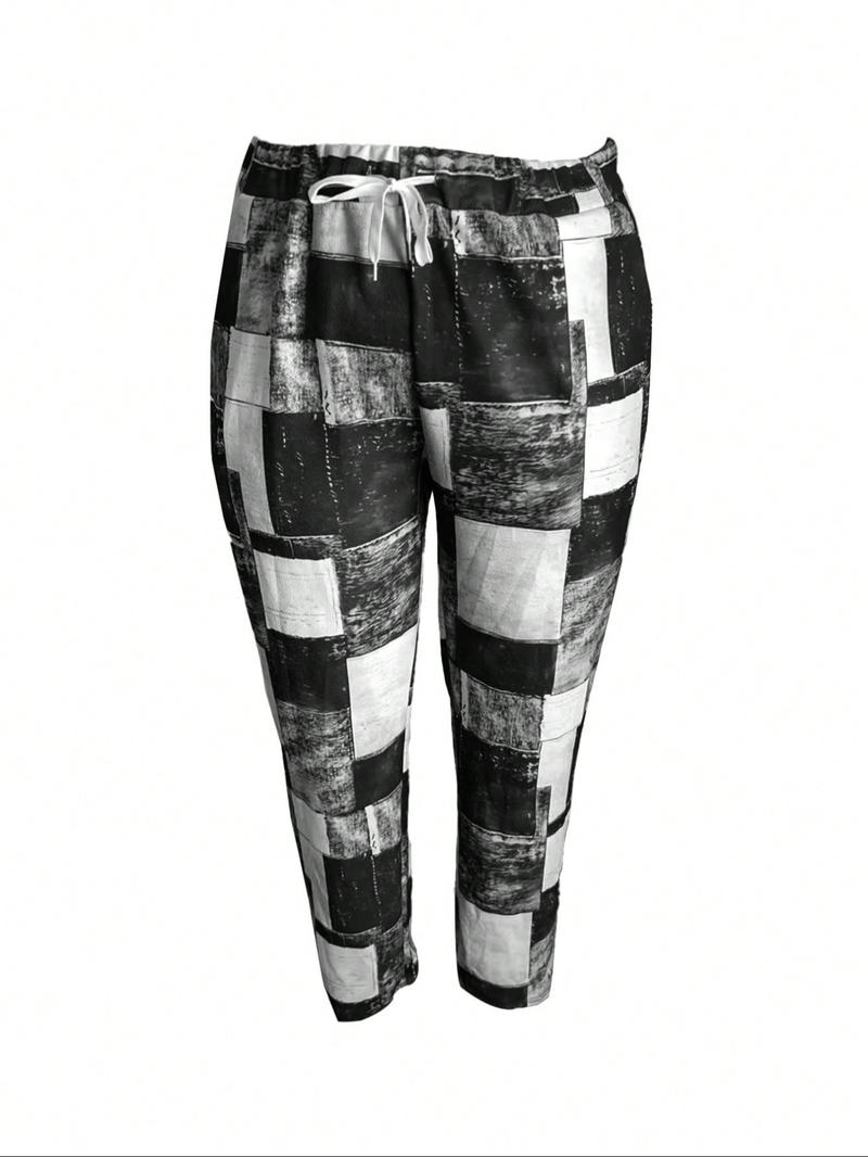 【Plus Size】 Colorblock Patchwork Print Drawstring Waist Pants, Casual Fashion Comfy Pocket Trousers for Daily Wear, Women's Bottoms for Summer