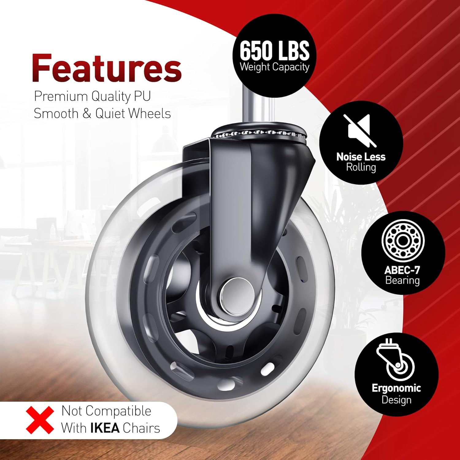 Office Chair Caster Wheels Set of 5 - Smooth 3 inch Heavy-Duty Replacement Rubber Wheels for Gaming & Desk Chair - Easy to Install, Suitable for Hardwood Floors, Carpet, Tiles (Clear)