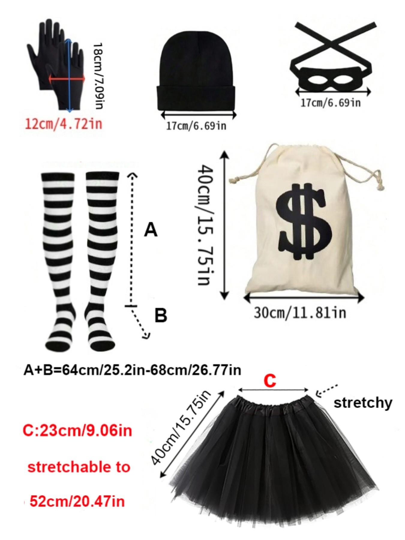 6-Piece Women's Thief Costume Set, Ballet Dress, Hat, Gloves, Eye Mask, Canvas Pouch, Striped Socks, Halloween, Easter, Christmas, Book Day
