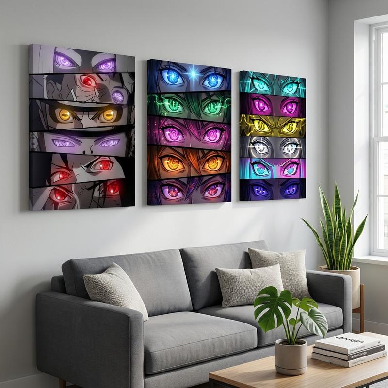 Windows To Other Worlds, Framed. 3 Stretched Canvas Prints Of Iconic Anime Character Eyes. For The Ultimate Weeb Shrine Or Artist‘S Studio. #Animeeyes #Weebcave Art Wall Decoration