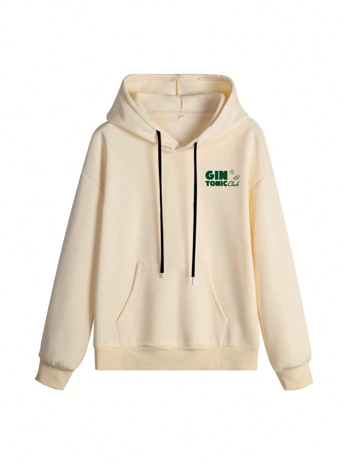 Vintage American Gold Tonic Cocktail Print Hoodie with Letter and Lime Ice Handdrawn Design, Soft Thick Fleece, Loose Fit Casual Sweatshirt for Trendy Daywear and Casual Outings