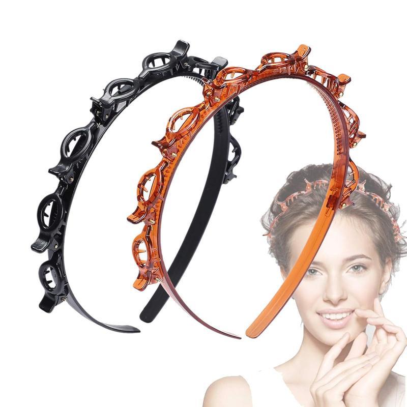 Women's 2-Piece Toothed Bangs Headband & Hairpin Set - Non-Slip Braid Tool, Accessories for Women, Dual-Color Twist Headbands, Securing Skeleton-Embellished Hairpieces (Black & Brown)