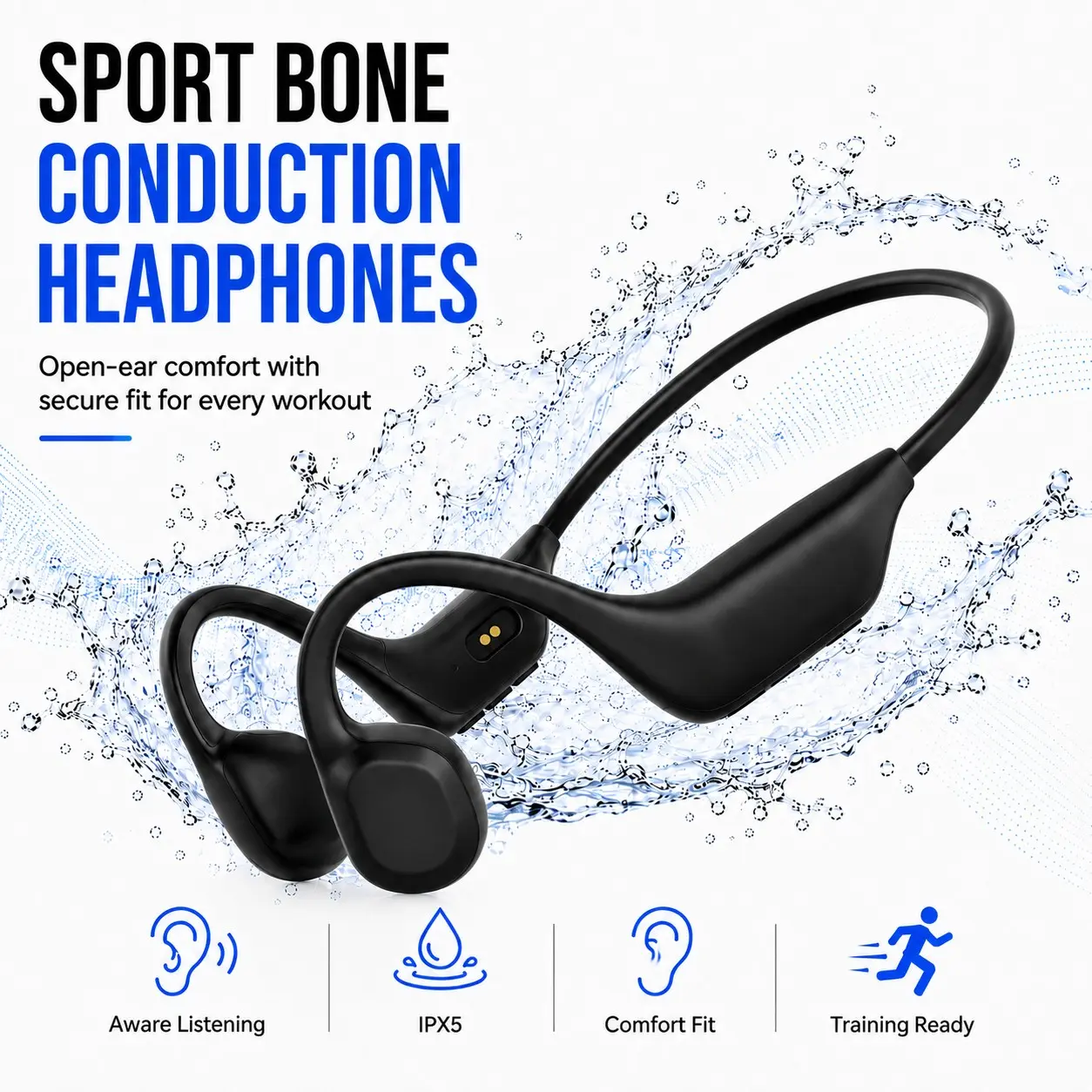 Bone Conduction Bluetooth Headphones, Open-Ear Sports Headset with Mic, Lightweight Stable Fit and IPX5 Protection for Running Cycling Gym