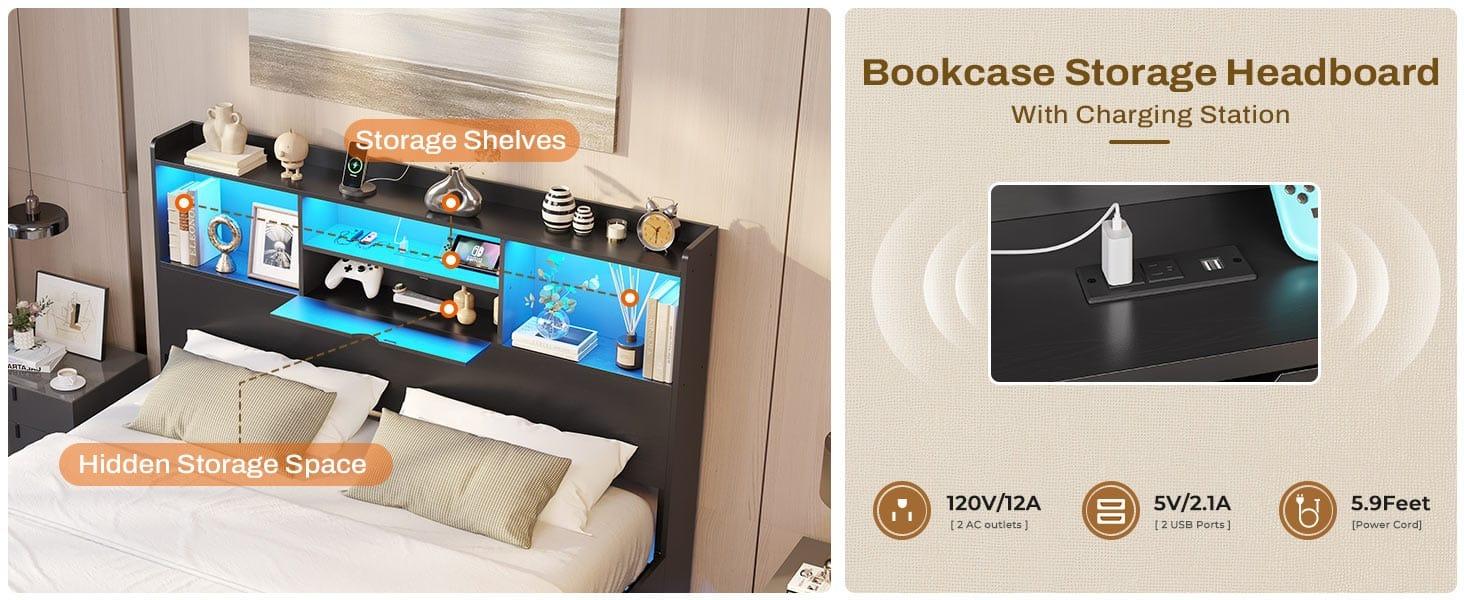 Sikaic Floating Bed Frame with LED Lights and Headboard Storage Black Modern Metal Platform Visual Floating Bed with Charing Station and Stable Structure