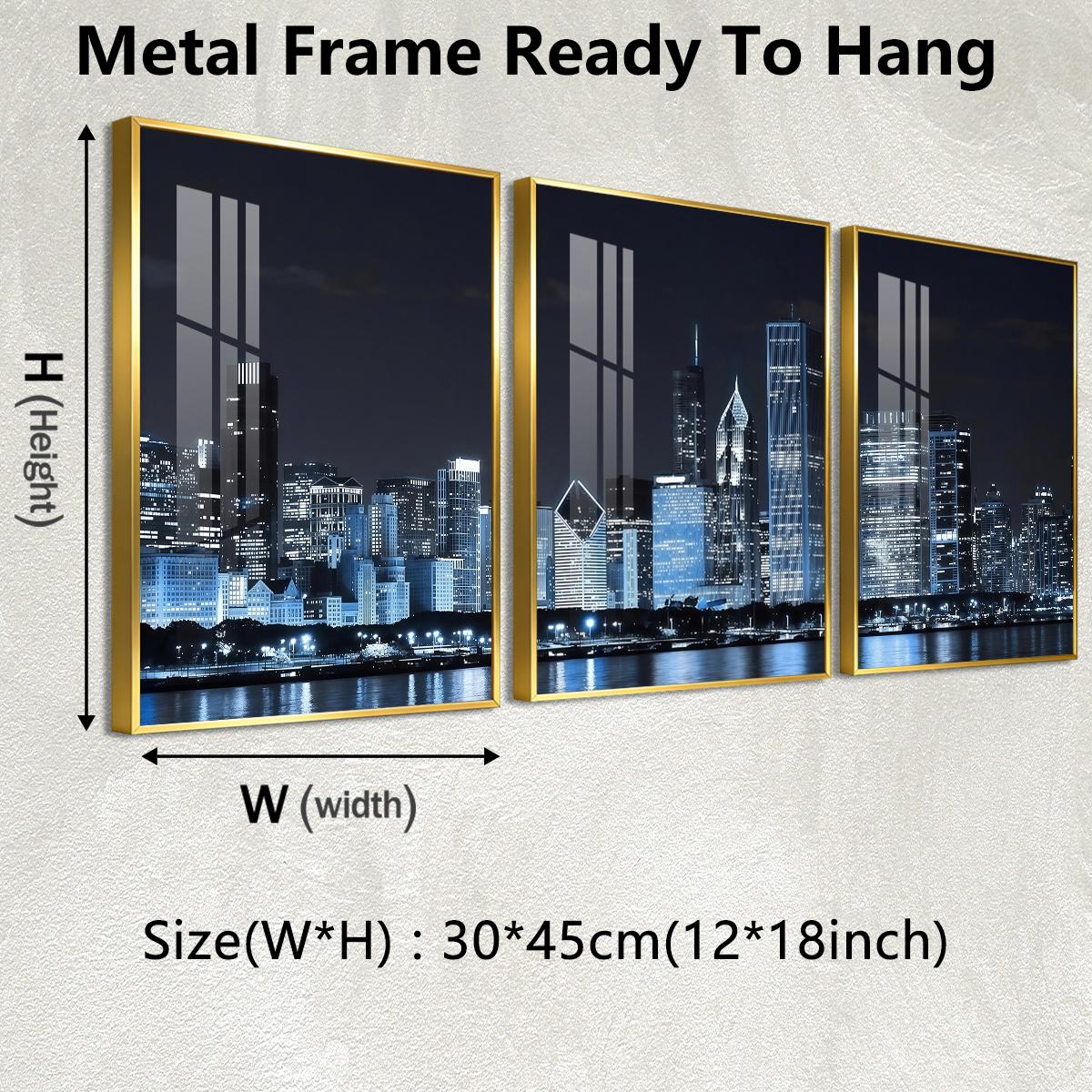 3 Count Aluminum Alloy Frame Canvas， City Night Skyline Fashion Poster， Modern Living Room Decoration， Light Luxury Family Art， Suitable For Bedroom， Corridor And Office Wall Decor， Gift