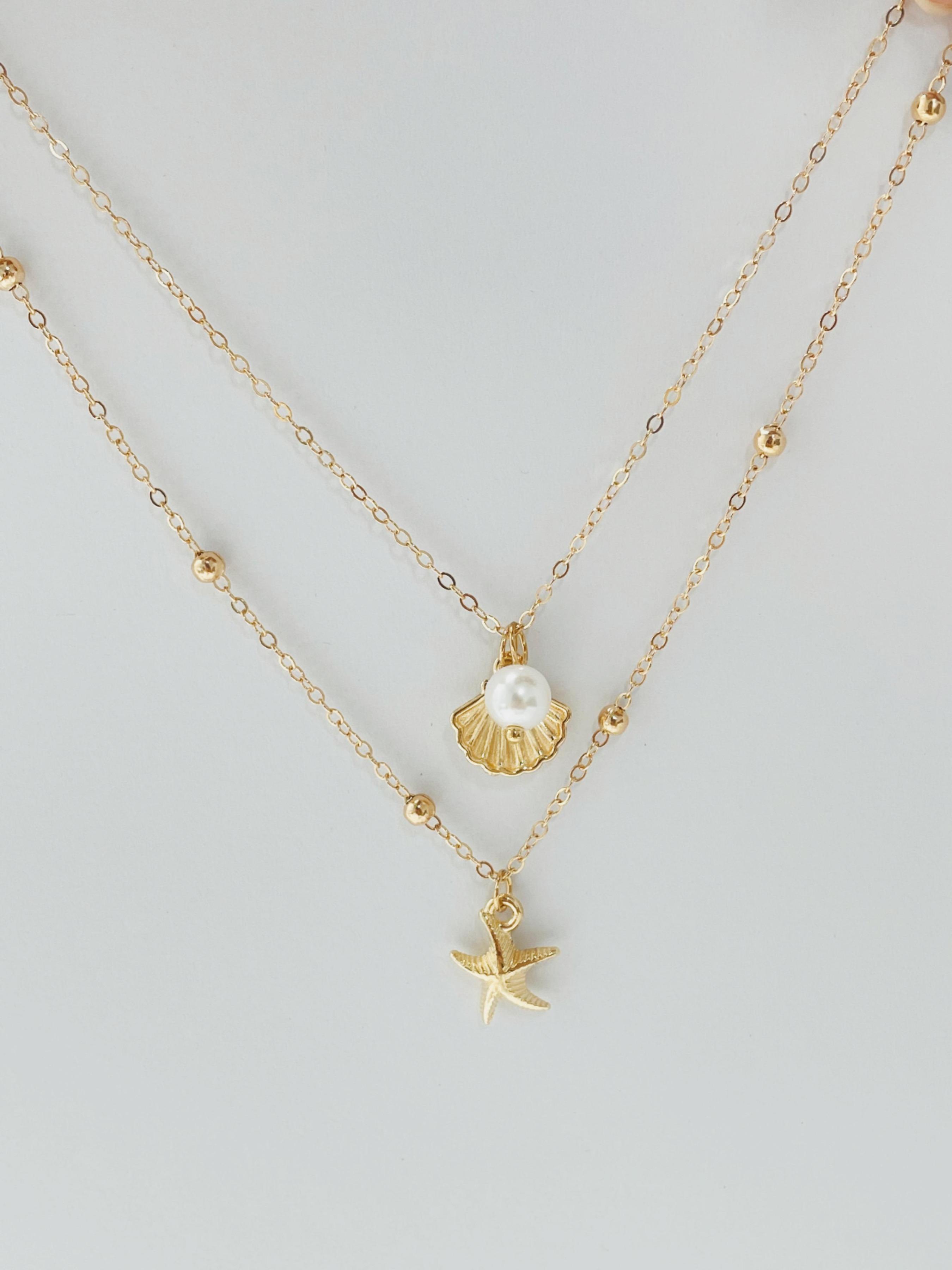 Fashion Starfish Shell Pendant Necklace, Double Layer Clavicle Chain, Casual Style, Ideal Gift for Holidays Birthdays Anniversaries