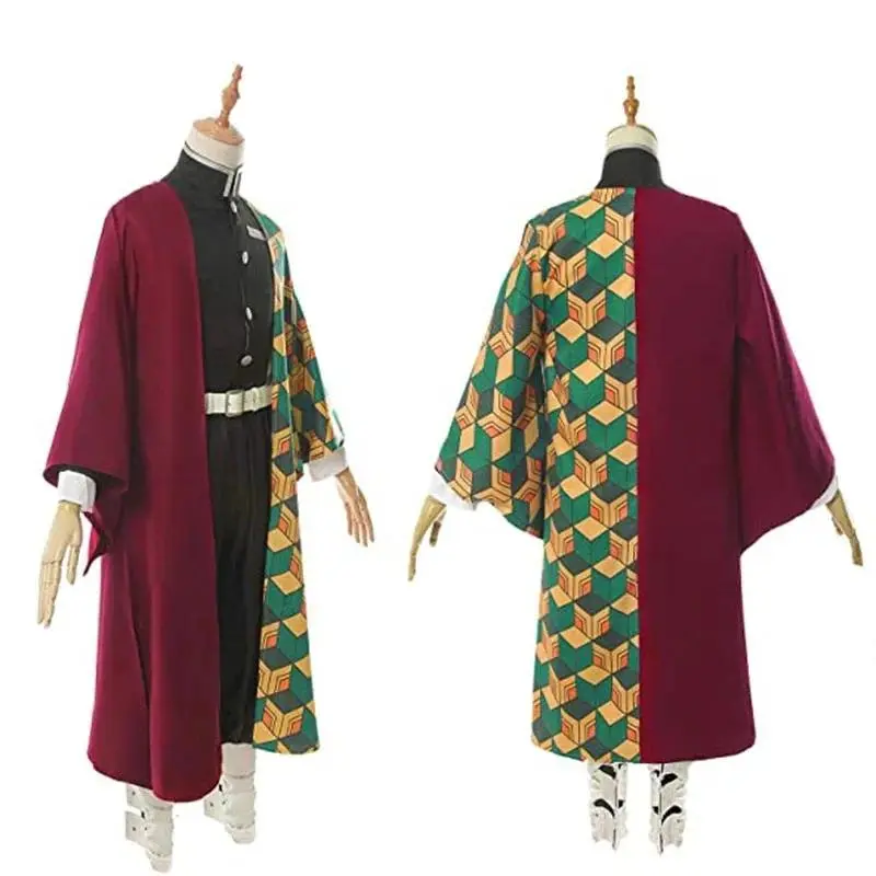 Tomioka Giyuu Cosplay Costume, Complete Demon Slayer Clothes Set for Adults & Kids with Geometric Haori and Wig, Suit, Anime Fans, Polyester, Child