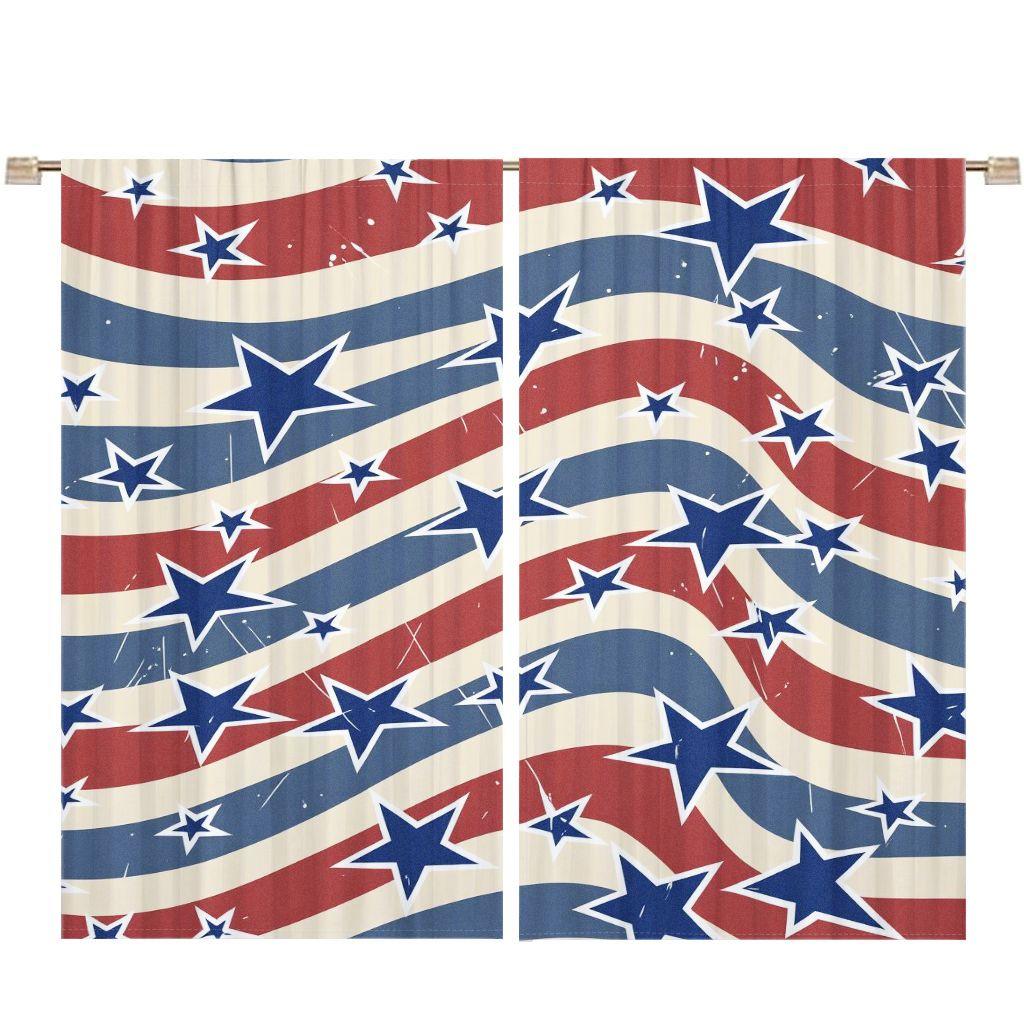 2D Flat 2-Piece Patriotic American Flag Window Curtain Set, Wavy Red White Blue Stripes with Blue Stars (Some White Outlines), Distressed Retro Pattern, Classic Stars & Stripes Design for Living Room Bedroom Decor