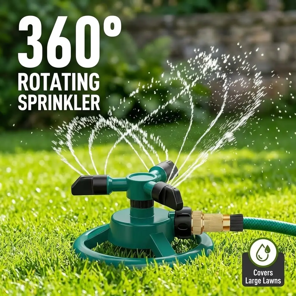 360° Rotating Lawn Sprinkler, Adjustable 3-Arm Garden Water Sprinkler, Automatic Outdoor Sprinkler Head, Quick Connect Garden Hose Sprinkler