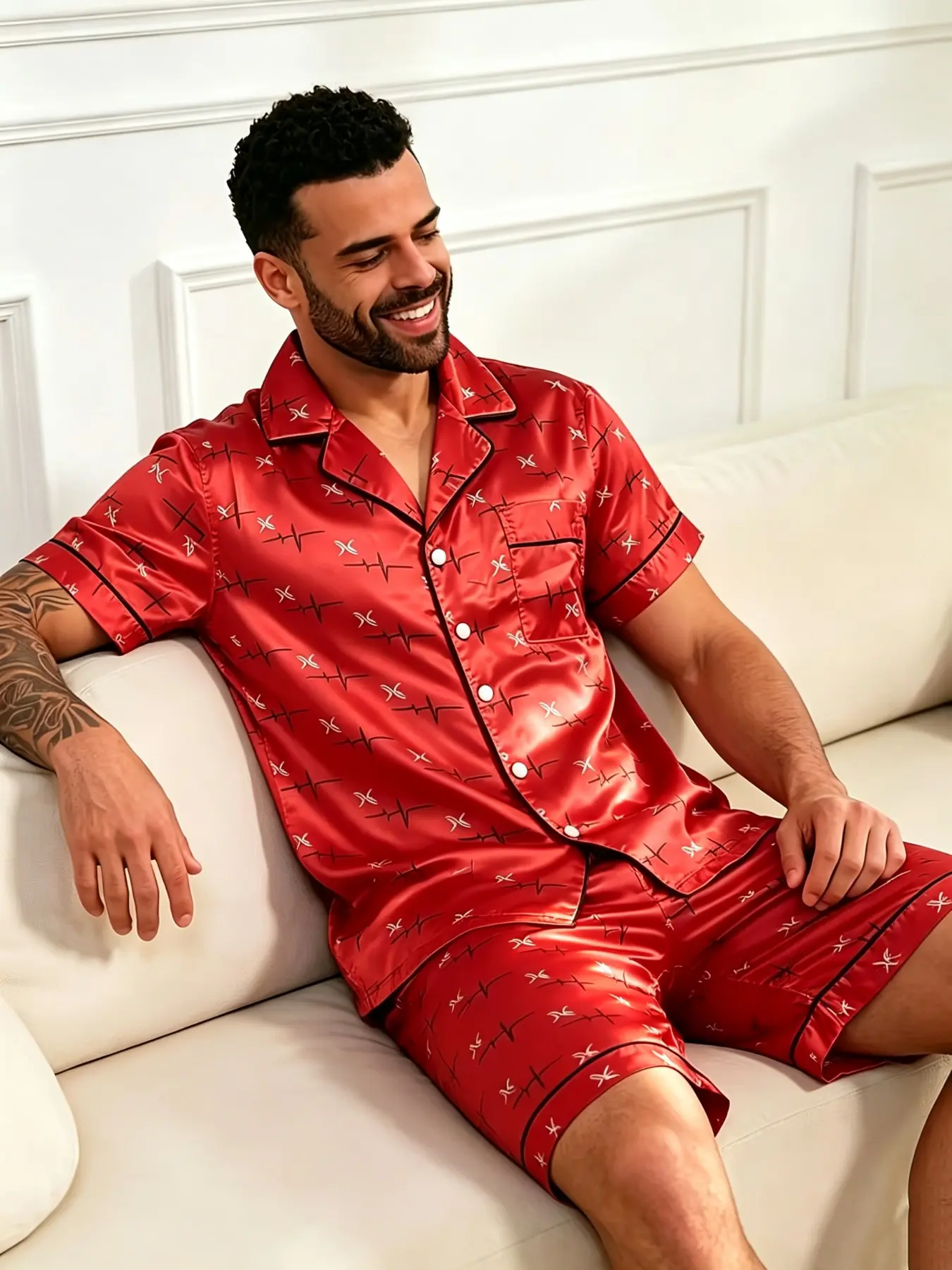 Men Red Electrocardiogram Print Short Sleeve Pajama Set, Lapel Button Front Sleep Top + Casual Loose Shorts, Comfortable Lightweight Loungewear, Trendy Summer Indoor Nightwear For Daily Household Wear.