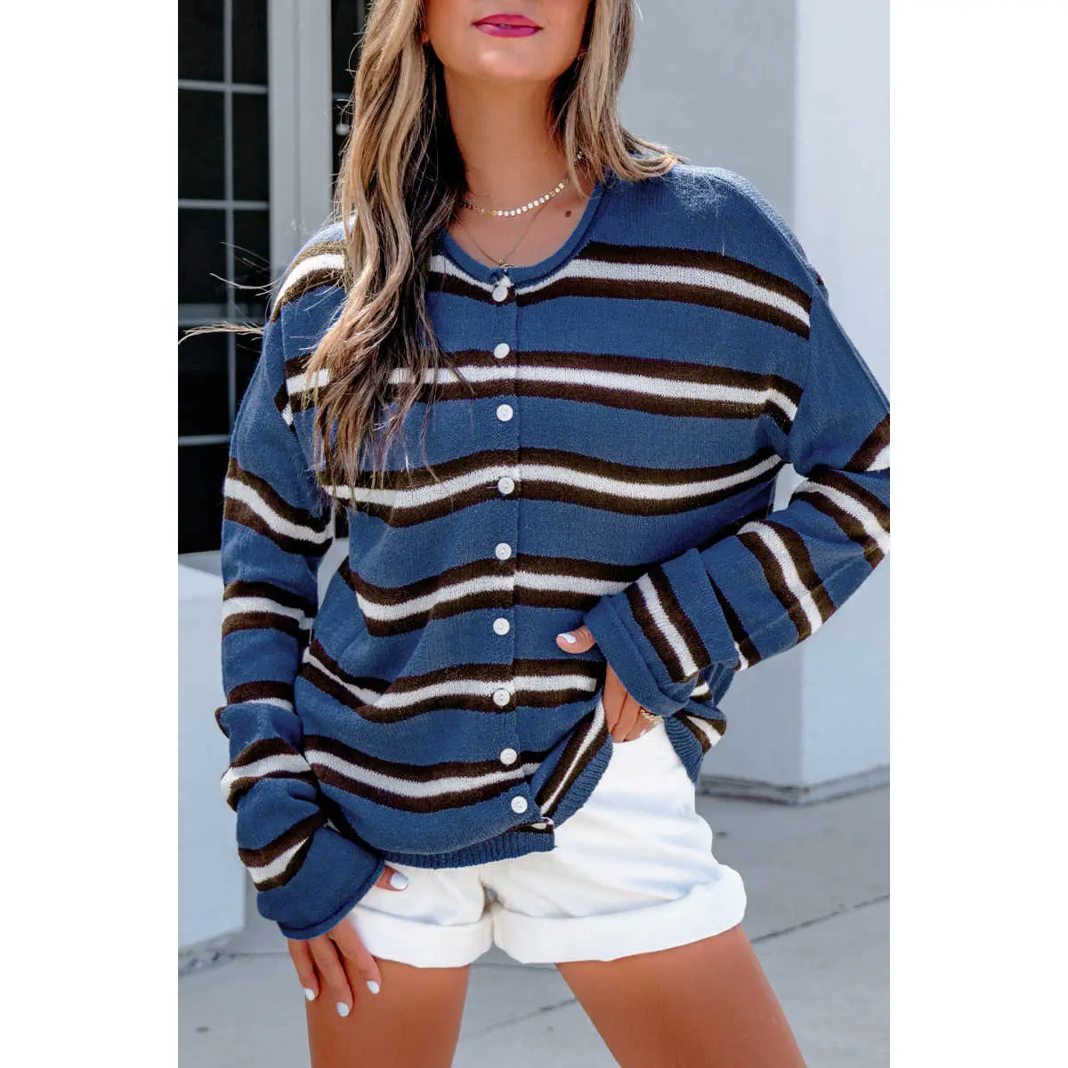 Blue Stripe Striped Drop Shoulder Button Cardigan Casual Chic