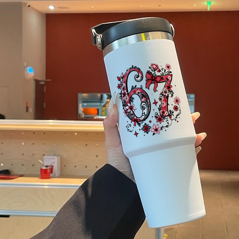 30oz Handheld Insulated Cup with Rose Pattern, Large Capacity Stainless Steel Water Bottle with Straw, Ideal for Sports Outdoor Home Travel Gift