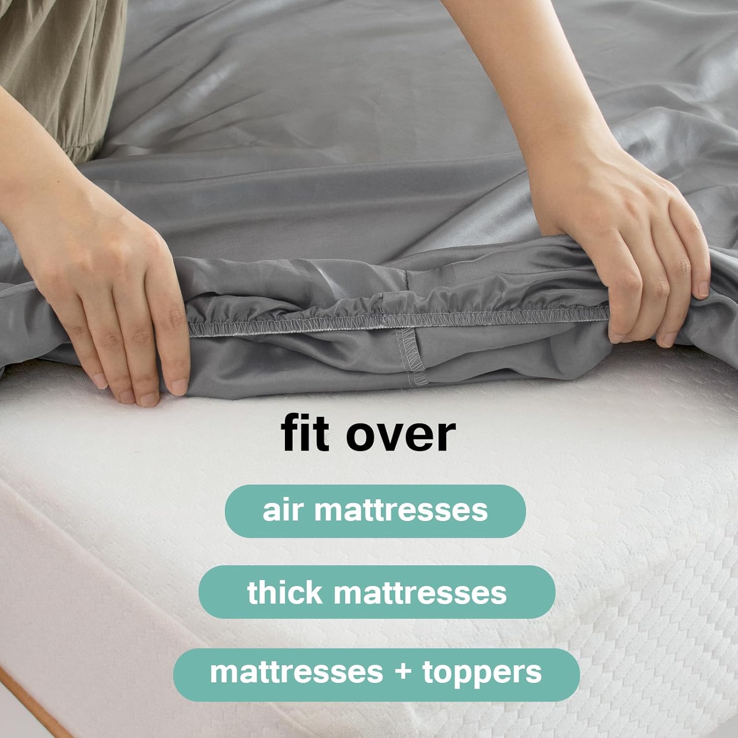 Cooling Satin 24" Deep Pocket 4PCs Sheet Set for Air Mattress Thick Mattress Topper, Luxurious Silky Soft Bedding Set (1 Fitted Sheet + 1 Flat Sheet + 2 Pillowcases), Solid Grey, Bedroom Accessories #TiktokshopStockUp