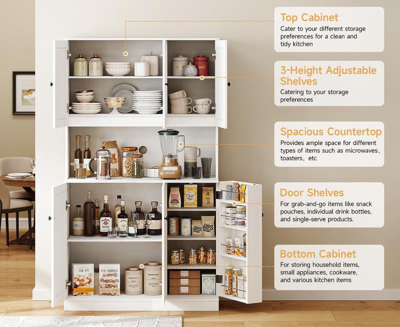 【Valentine's Day gift】ONBRILL 71" Tall Kitchen Pantry Storage Cabinet with Microwave Stand & Door Shelf, Freestanding Kitchen Hutch with 6 Doors and Adjustable Shelves, Modern Food Pantry for Kitchen, Dining Room