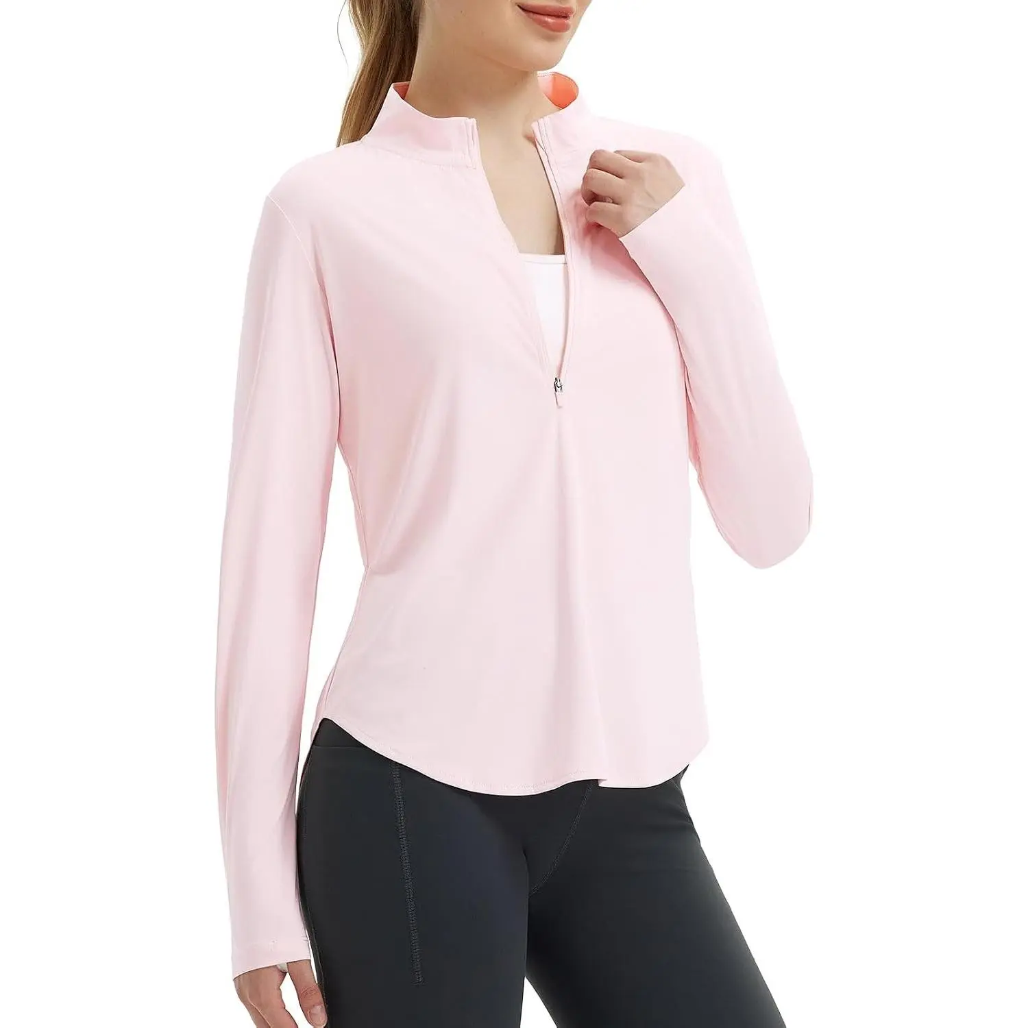 Women's Sun Shirt UV Protection UPF 50+ Lightweight Half Zip | Quick Dry, Long-Sleeve, Hiking, Outdoor, Thumbholes, Curved-Hem, Waist-Shaping