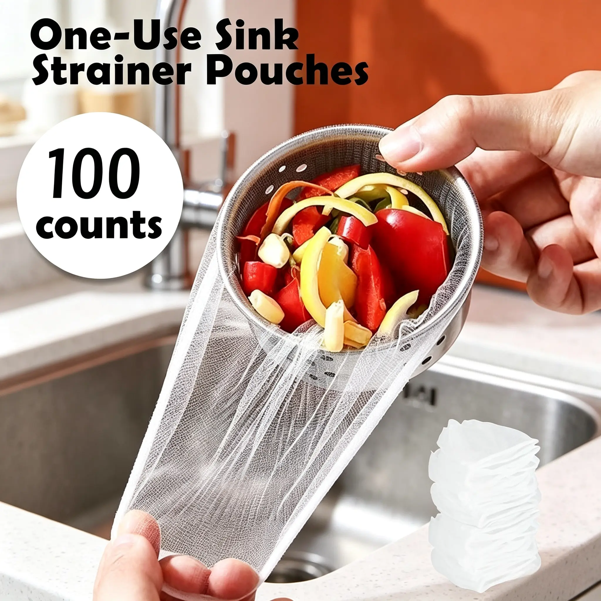 100 Pack Disposable Fine Mesh Kitchen Sink Drain Strainer Bags, Great Stretch Drain Filter Pouches, Multipurpose Home & Bathroom Gadget to Trap Food Scraps & Debris`