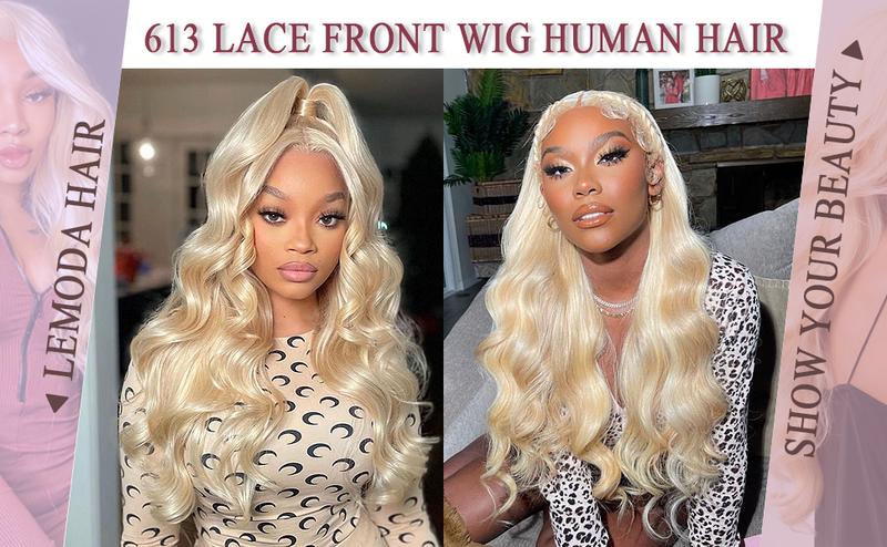 Lemoda 613 Lace Frontal Wig Human Hair 13x4 Full Lace Frontal Wig 180 Density Body Wave HD Transparent Lace Wig Pre Plucked 15A Brazilian Virgin Blonde Human Hair Wigs for Women