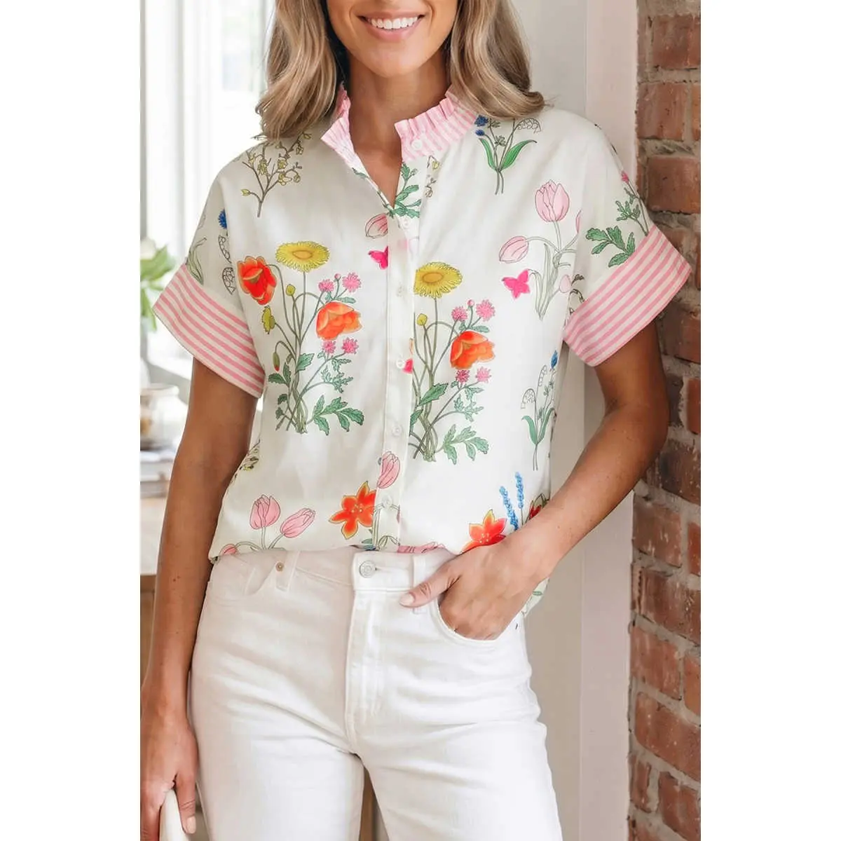 Women's Preppy Beige Floral-Striped Patchwork Blouse, Ruffled Collar Shortsleeve Button-Up Top, Blouses