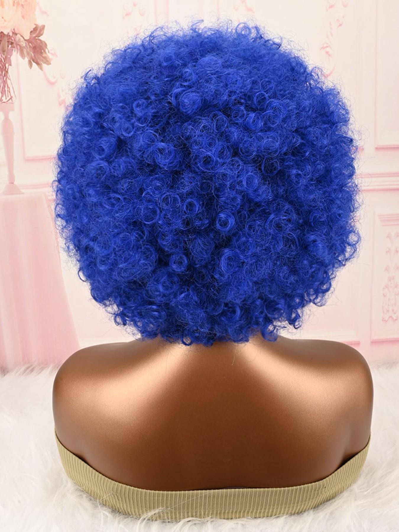 Bright Blue Fluffy Afro Synthetic Wig With Bangs High Temperature Fiber Short Kinky Curly Full Wig 70s Retro Style Afro Wigs For Cosplay Party Festival Photoshoot