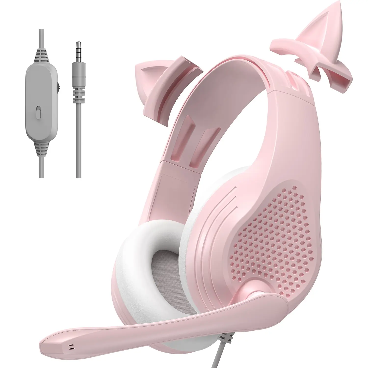 Pink Detachable Cat Ear Gaming Headset,Wired Over‑Ear Headphones with Noise‑Reducing Mic,Stereo Surround 3.5mm for Girls Gamer PC PS5 Switch Smartphone,Corded Gaming Headset