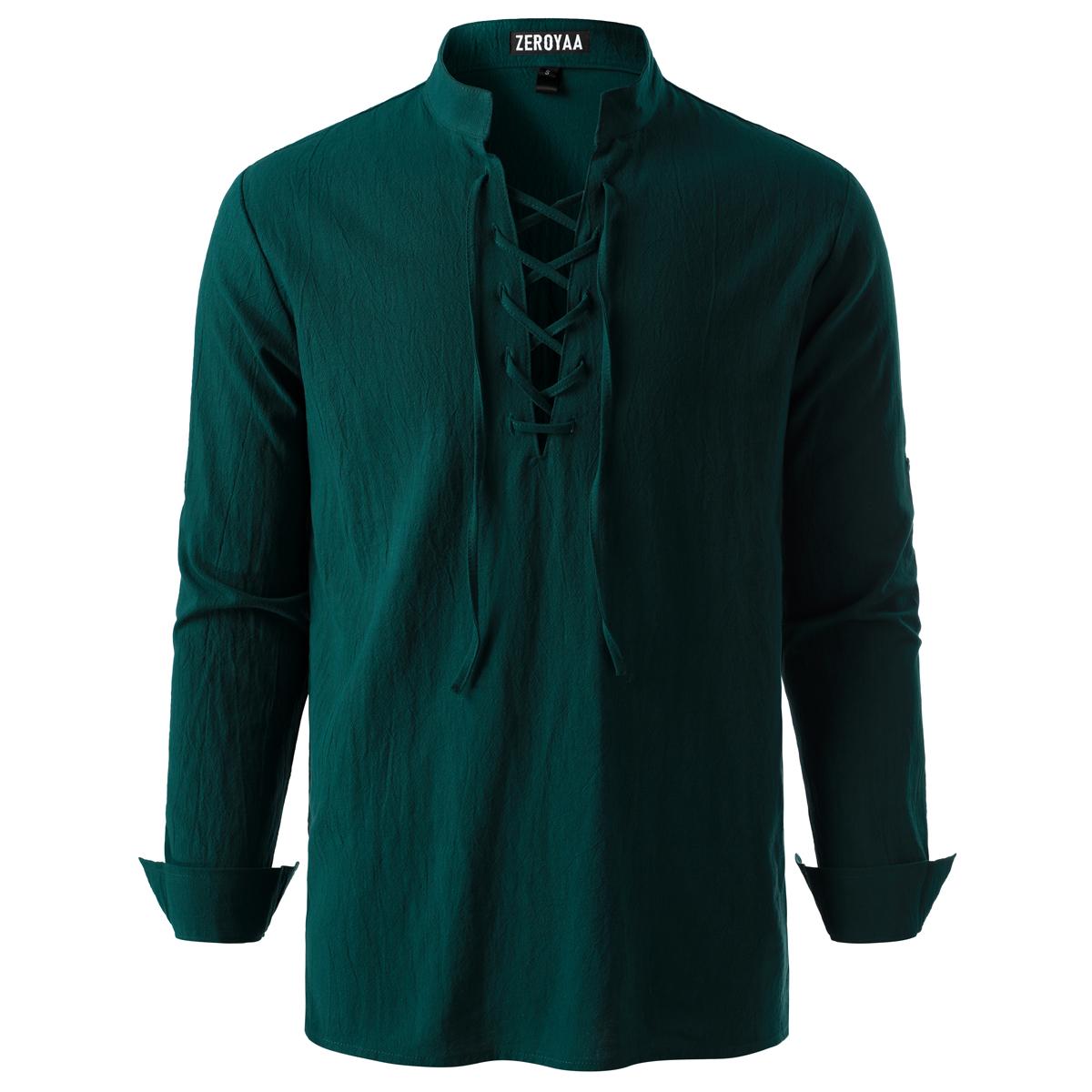 ZEROYAA Men's Medieval Vintage Long Sleeve Lace Up Shirt Renaissance Costume for Halloween Viking Pirate Cosplay Casual Menswear Funny Shirts Cotton High Quality Beige V-Neck Banded Collar Roll-up Sleeves ZEROYAA Men's Medieval Vintage Long Sleeve Lace Up Shirt Renaissance Costume for Halloween Viking Pirate Cosplay Casual Menswear Funny Shirts Cotton High Quality Beige V-Neck Banded Collar Roll-up Sleeves