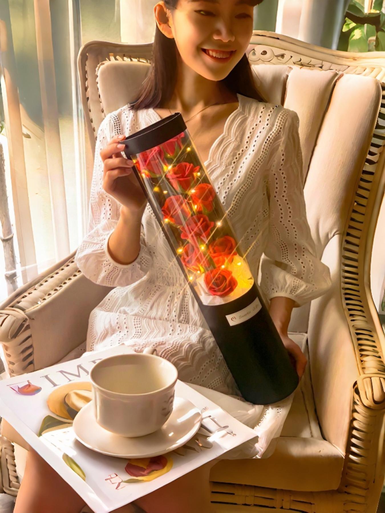 Valentine's Day Custom Rose Bouquet Hug Bucket, Realistic Artificial Flowers, Star Lights, Anniversary Romantic Gift, Wedding Party Decor