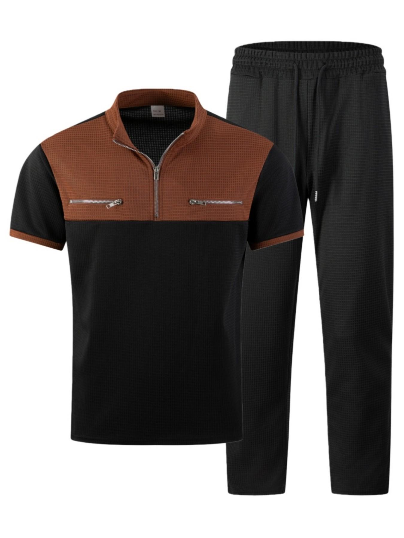 Men's 2-Piece Set, Summer Contrast Half-Zip Stand Collar Suit, Waffle Texture Short Sleeve Drawstring Long Pants, Casual Sportswear, Casual Sportswear Outfit