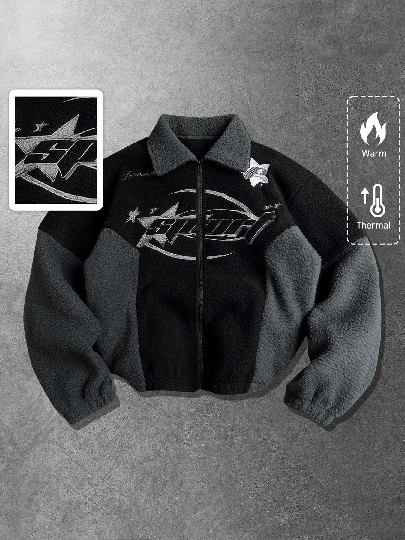 Y2K Cybercore Star Embroidery Sherpa | Oversized Black Grey