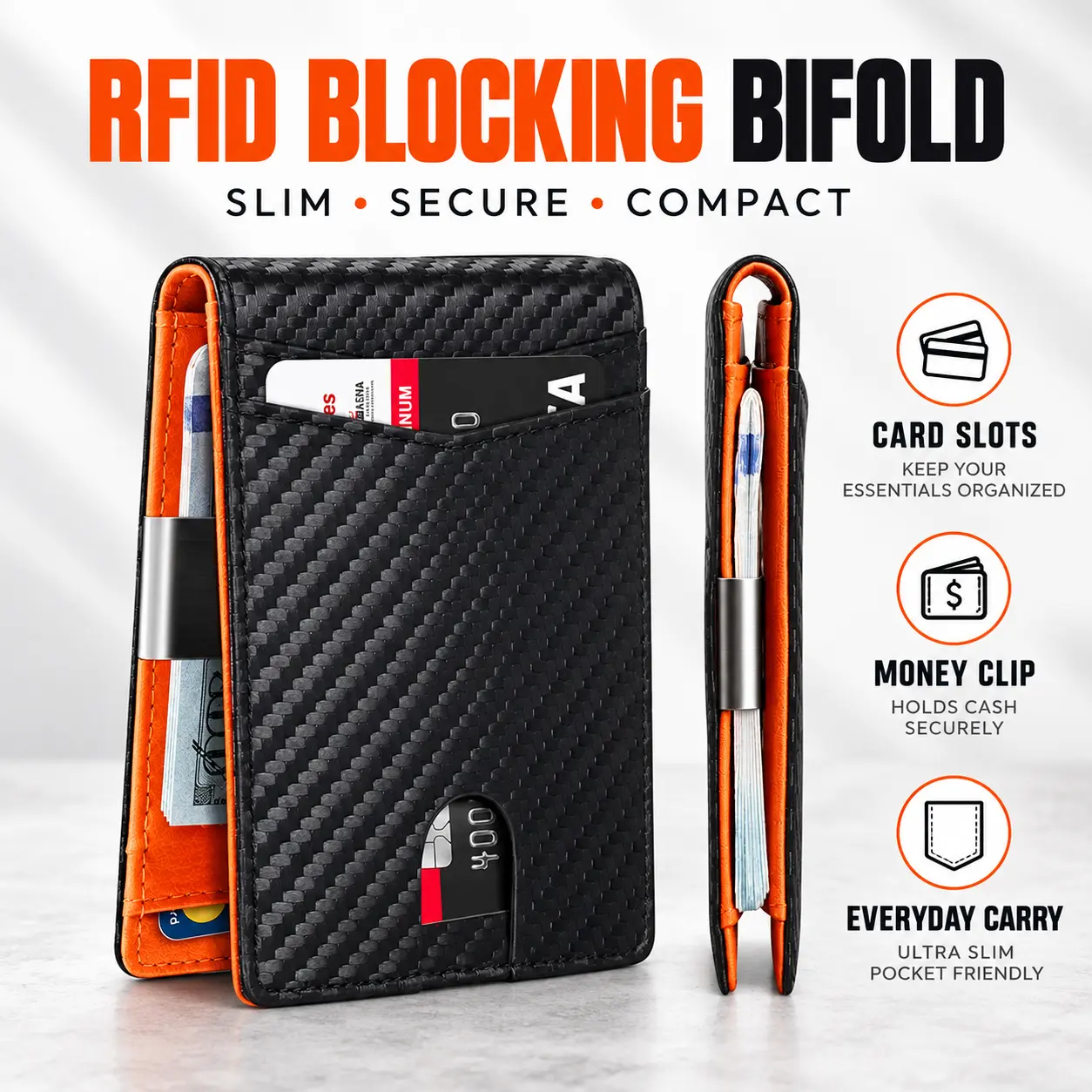 Men's Carbon Fiber Style RFID Blocking Wallet, Ultra-Slim Bifold Credit Card Holder with Multiple Storage Compartments, Built-In Money Clip and Quick-Fold Closure, Sleek Minimalist Pocket Wallet for Daily Carry, Work, Business Travel, Outdoor Activities &
