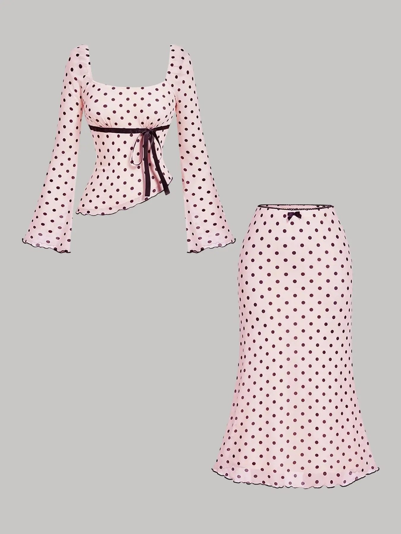 Women Polka Dot Print 2 Pieces Matching Set Square Neck Bow Front Flare Long Sleeve Asymmetric Hem Top And Fish Tail Maxi Skirt Elegant Outfit For Daily Dating Vacation Clothes