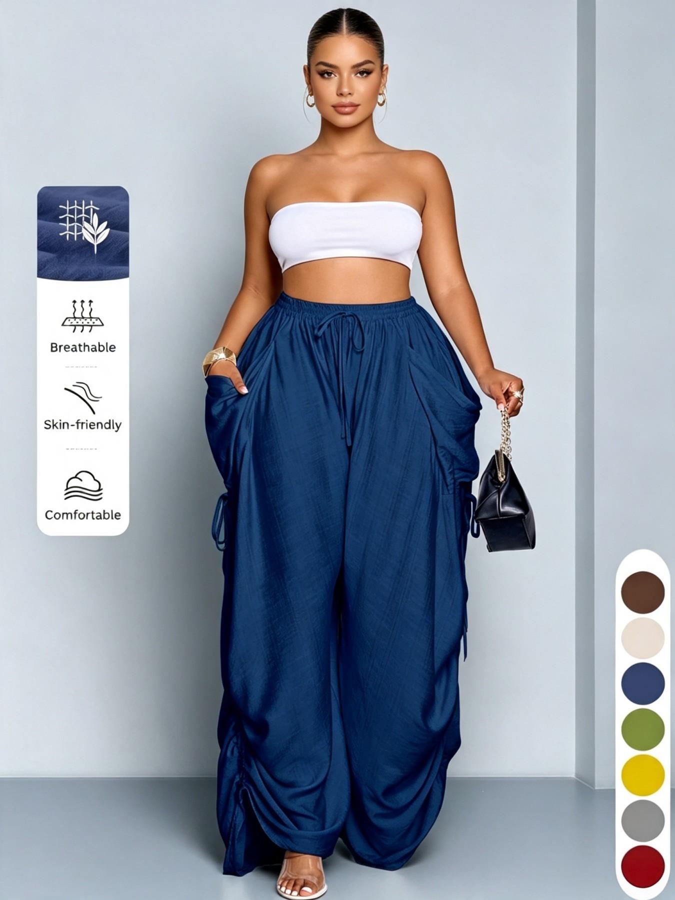 High-Waisted Drawstring Straight-Leg Pants for Women, Casual Comfortable Home Wear, Spring & Fall Fashion, Plain Pattern, Multiple Colors Available