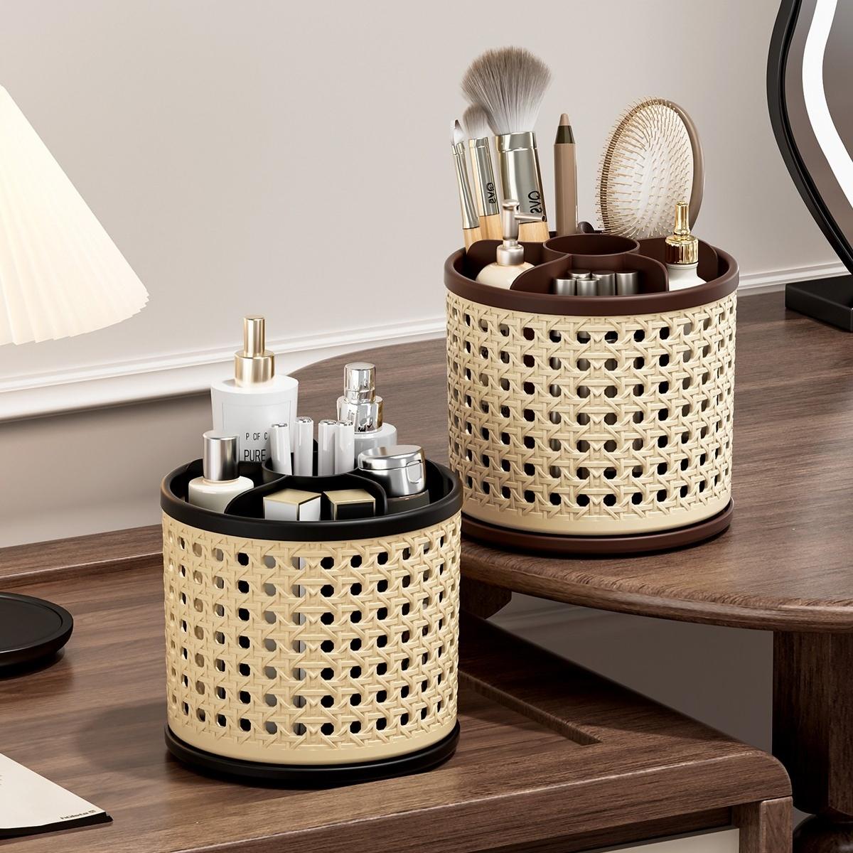 360° Rotating Pen Holder, Spacious Desktop Organizer for Students, Makeup Brush Storage Box, Independent Compartments, Vintage Style Design