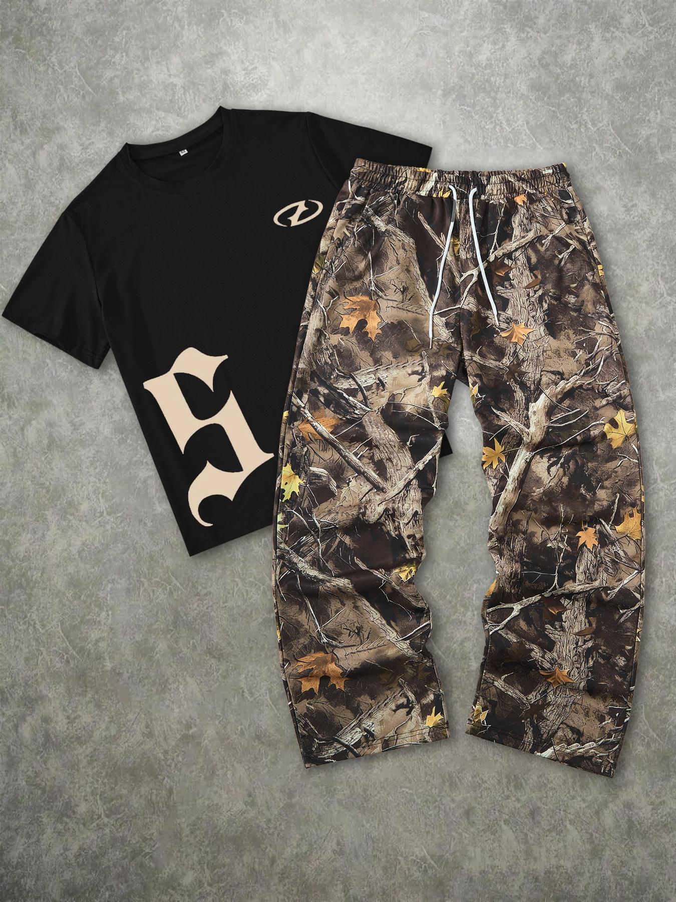 Men's Fashion Street Vintage Camo 2-Piece Set, Letter Print Short Sleeve T-Shirt & Leaf Camo Wide Leg Pants, Outdoor Adventure/street Style